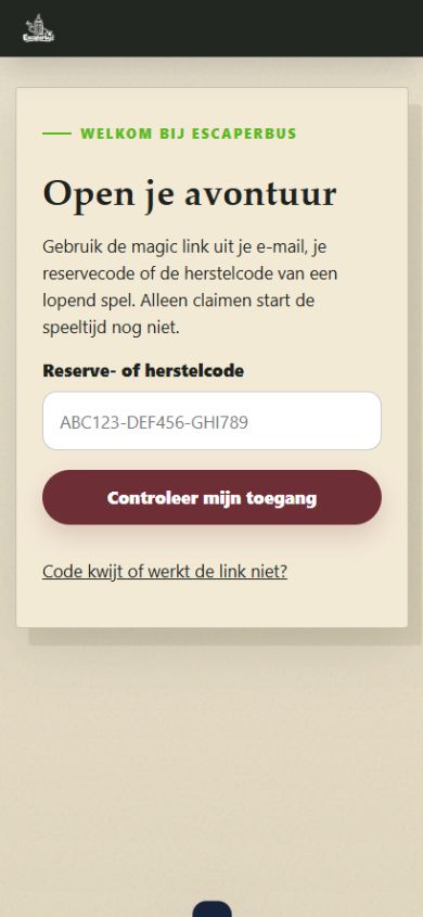 De mobiele Escaperbus-spelomgeving waar spelers hun avontuur openen met een reserve- of herstelcode