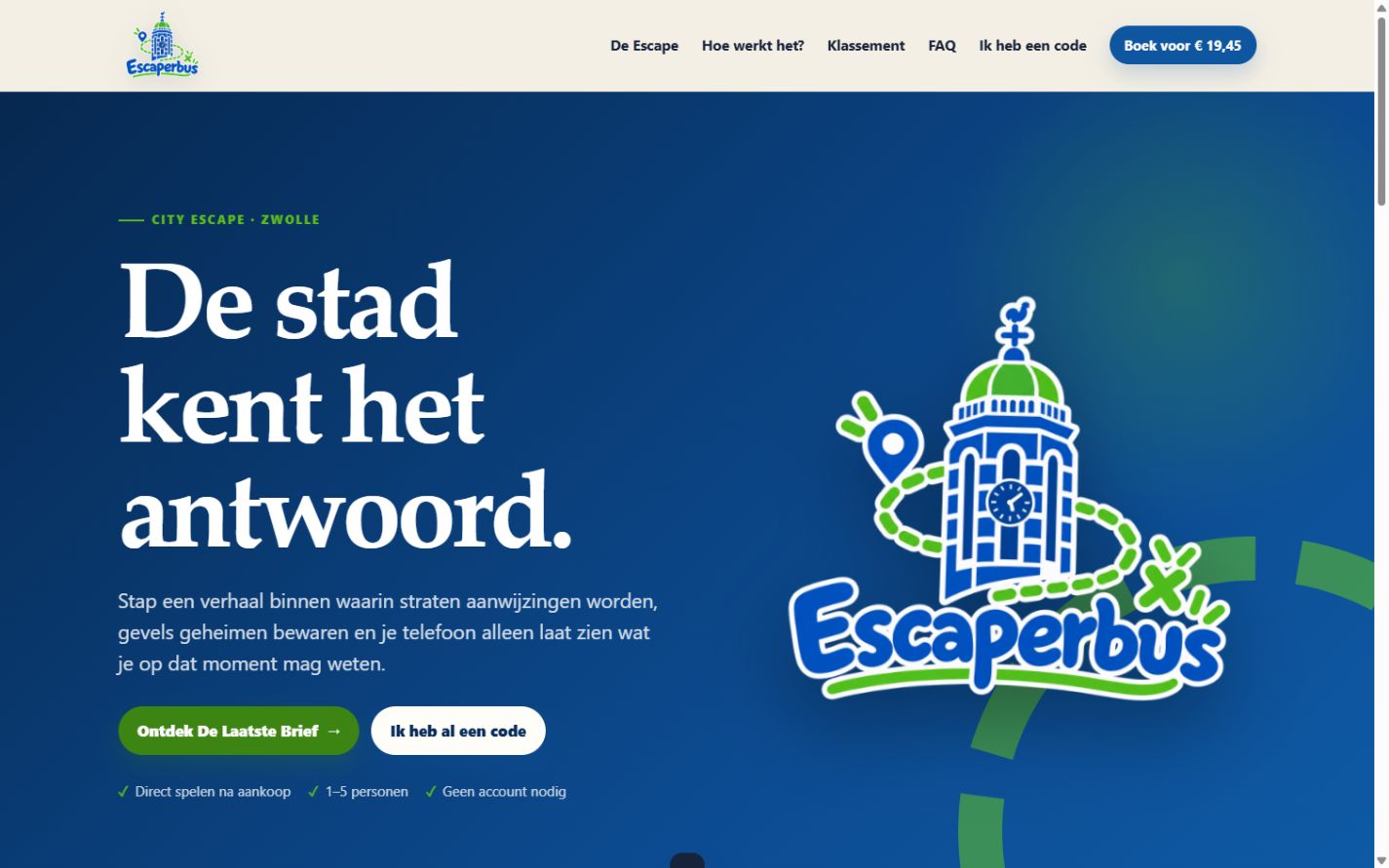 De Escaperbus-website met de Zwolse city escape De Laatste Brief en de tekst De stad kent het antwoord