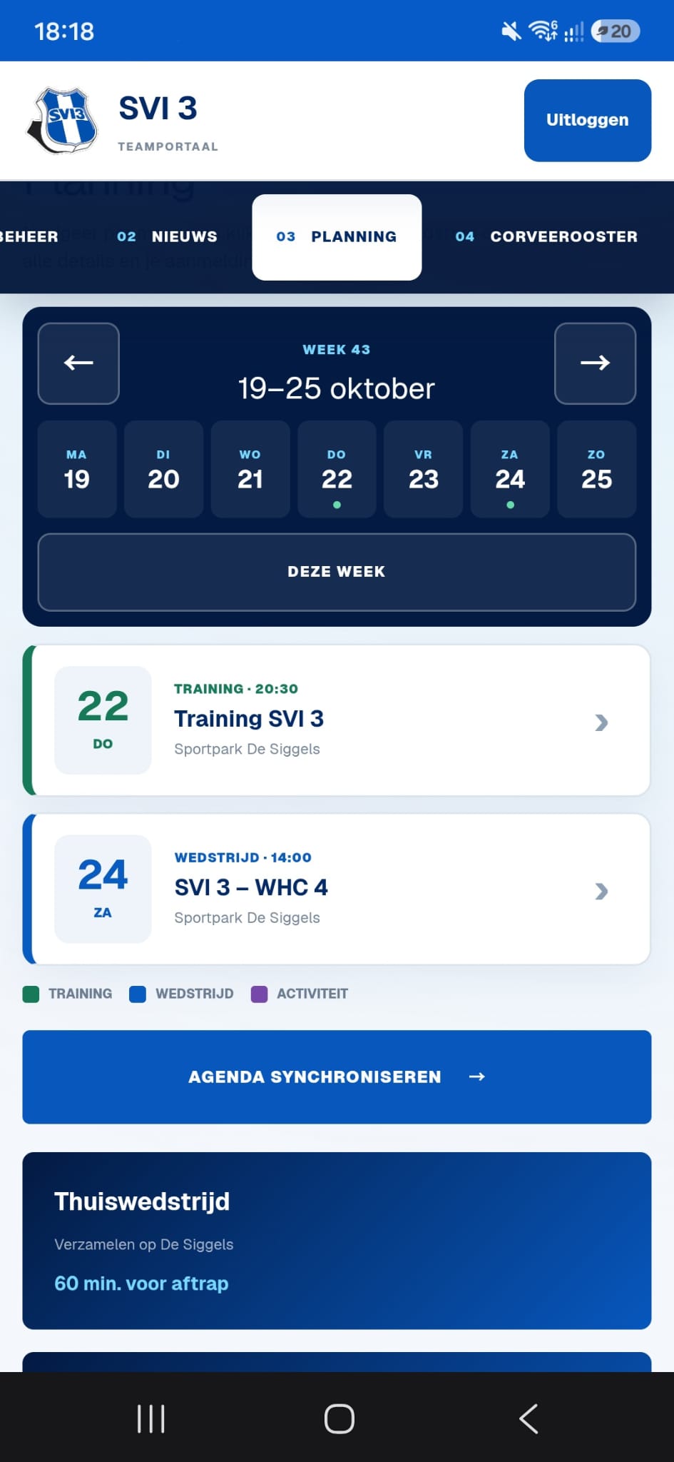 Scherm van de SVI3-teamapp met de planning voor trainingen en wedstrijden op Sportpark De Siggels