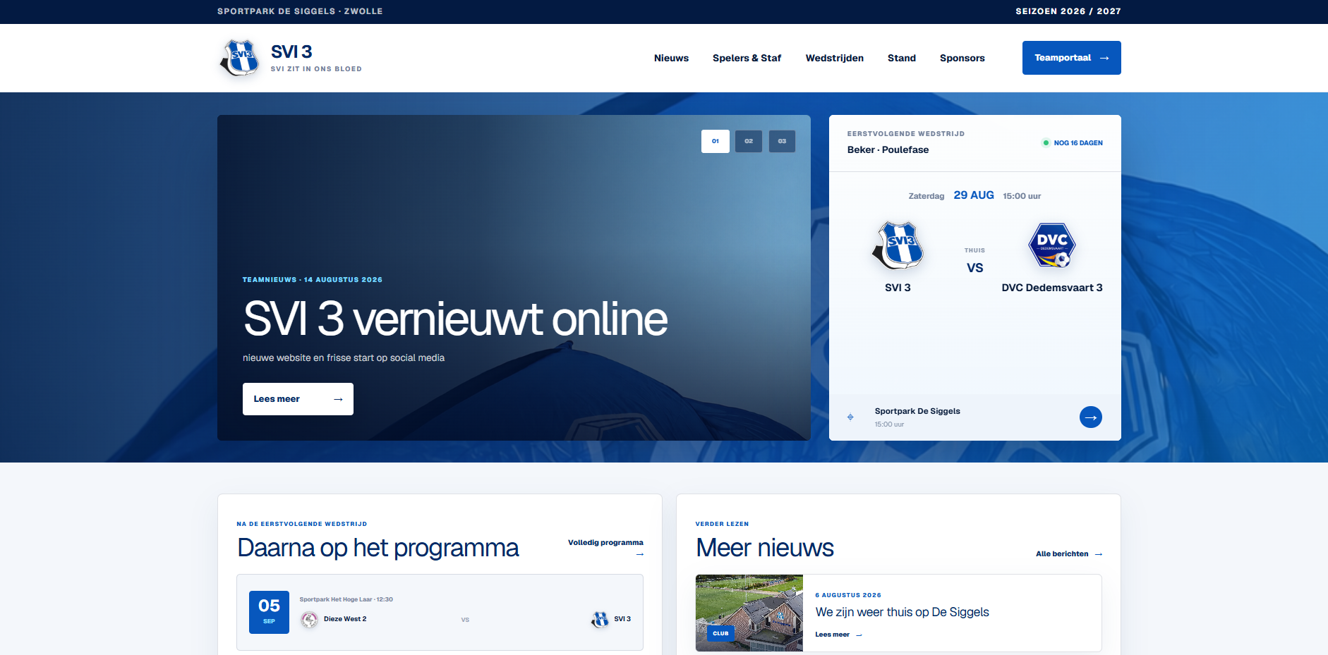 Homepage van SVI 3 met nieuws, wedstrijden en het teamportaal